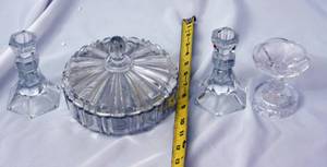 lot 326 image: Lot of Cut Glass Bowl w LId and 3 Candle Holders