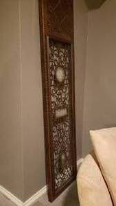 lot 5 image: Large (over 5 ft ) Wrought Iron Metal, Leather & Nail head Decor   - Heavy - really cool piece