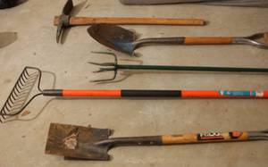 lot 371 image: Shovels, Rake, Pick Ax, Square Shovel & Aerator
