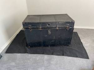 lot 27 image: Antique Steamer Trunk  Chest.39 wine Huge metal hinges and clasps
