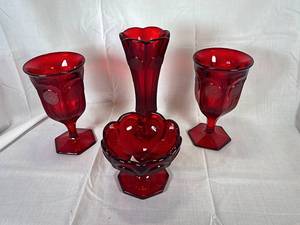 lot 9 image: Rare Fostoria Coin Glass Water Goblet Set, and ruby red fostoria coin glass bowl
