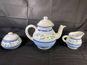 lot 23 image: Caleca Hand Painted 3 pc. Teapot, Cream and Sugar Set