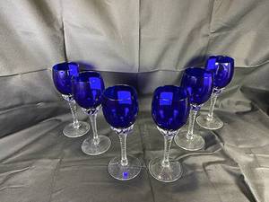 lot 24 image: Hand Blown Czechoslovakian Cobalt Blue Crystal Wine Glass Set of 6