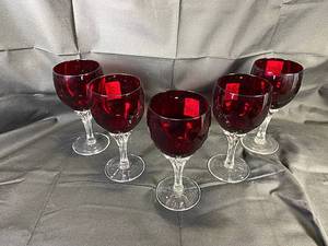 lot 25 image: Hand Blown Czechoslovakian Cobalt Ruby Red Crystal Wine Glass Set of 5