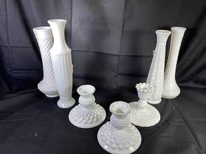 lot 37 image: Milk Glass Bud Vases English Hobnail, Laurel Leaf Milk Glass Vase