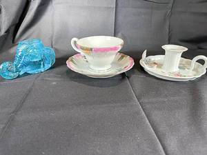 lot 39 image: Haviland Candlestick Candleholder, Rose Design Cup & Saucer made in Japan, Aqua Elephant Toothpick Holder Degenhart