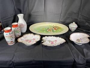 lot 65 image: Hand Painted Heirloom Platter Yamato Japan 14 34, Pair of Hand Painted Vases made in Japan, Sugar container with lid made in Japan, and other hand crafted decorative pieces made in Japan