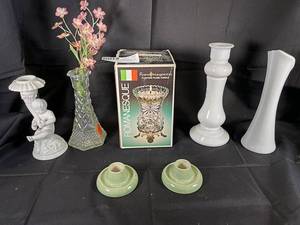 lot 68 image: 8 White Ceramic Bud Vase, Cherub Cand Stick, and other candle sticks