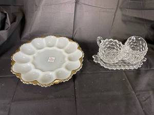 lot 71 image: Anchor Hocking Milk Glass Deviled Egg Plate, Fotoria Creamer, Sugar and Trye 3 12