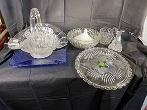 lot 72 image: Vintage Pressed Glass Cruet, Indiana Glass Clear Garland Pattern Large Fruit Basket, Anchor Hocking Bubble Glass Bowl, Anchor Hocking Candy Dish