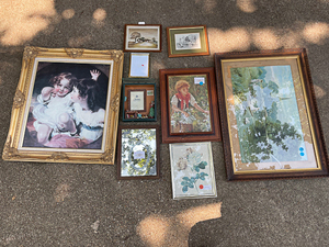 lot 76 image: Framed Pears Soap Mirror, Pring of Watercolor Farm Scene by John Evans, Vintage Woode Framed Picking Honeysuckle by Sophie Anderson