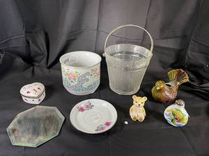 lot 85 image: Demitasse Cup & Saucer Liling China, Heart Shaped Jewlery Box Leffon China 03087, other assorted glass pieces made in Ireland