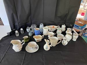 lot 94 image: Jamestown China Creamer, Royal Crest Cup, Creamer Pitcher Robin Hoods Bay, Bavarian Cup, Creamer, Royal Windson Cup & Saucer, Vinatage Creamer Edwin M. Knowles