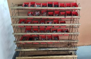 lot 8 image: Metal Wire Shelf with Contents - Contents Include 38 Bins of Miscellaneous Hardware