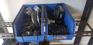 lot 86 image: Contents of Shelf - Lot of Bearings, Track Wheels, Mandrel Bases, and Breakers