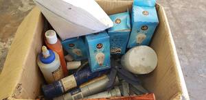 lot 111 image: Box of Miscellaneous Supplies - Light Bulbs, Caulk Guns, Glue, and More