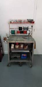 lot 173 image: Rolling Wiring Bench with Accessories - Wire Nuts, Wire, Wire Strippers, and More