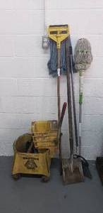 lot 169 image: Lot of Cleaning Supllies - Mop, Mob Bucket, Broom, and More