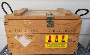 lot 37 image: WOODEN FIREWORKS CRATE WITH ROPE HANDLES AS SHOWN.