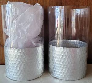 lot 25 image: LOT OF 2 GLASS WITH SILVER DESIGN VASES. EACH APPROX. 5.5 DIA x 9 H. (SOLD 2X THE MONEY)