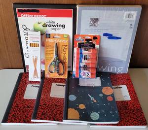lot 30 image: MIXED LOT INCLUDING COMPOSITION BOOKS, DRAWING PAPER, GLUE STICKS, SCISSORS, AND PENCILS AS SHOWN.