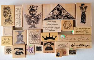 lot 43 image: LOT OF 24 RUBBER STAMPS IN VARIOUS SIZES AND DESIGNS AS SHOWN.