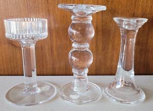 lot 47 image: LOT OF 3 GLASS CANDLE HOLDERS IN VARIOUS STYLES AND SIZES AS SHOWN.