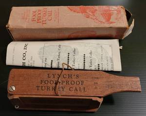 lot 55 image: VINTAGE 1965 LYNCHS FOOL PROOF TURKEY CALL WITH ORIGINAL BOX AND INSTRUCTIONS AS SHOWN. SEARCH THIS UP
