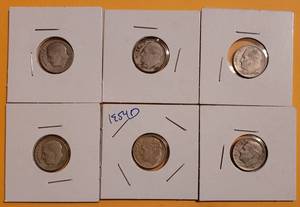 lot 59 image: LOT OF 6 PRE-1965 SILVER DIMES IN PROTECTORS AS SHOWN. (SOLD 6X THE MONEY)