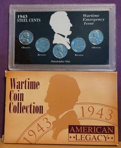lot 81 image: 1943 STEEL CENTS WAR TIME COLLECTION PHILADELPHIA MINT IN SEALED PROTECTOR AS SHOWN.