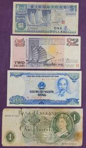 lot 88 image: LOT OF FOREIGN CURRENCY INCLUDING SINGAPORE, VIETNAM, AND ENGLAND IN VARIOUS DENOMINATIONS AS SHOWN.