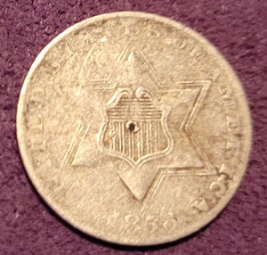 lot 90 image: UNIQUE FIND 1856 U.S. THREE CENT SILVER TRIME 3-CENT SILVER COIN AS SHOWN.