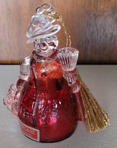 lot 114 image: MARQUIS BY WATERFORD 2008 ANNUAL BELL 4 SNOWMAN CLEAR RED GOLD TASSEL ORNAMENT WITH ORIGINAL LABEL 4H AS SHOWN.