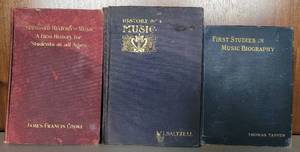 lot 123 image: LOT OF 3 ANTIQUE BOOKS INCLUDING FIRST STUDIES IN MUSIC BIOGRAPHY BY THOMAS TAPPER C. 1890, HISTORY OF MUSIC BY W.J BALTZELL C. 1905, AND STANDARD HISTORY OF MUSIC BY HAMES FRANCIS COOKE C. 1910 AS SHOWN. (SOLD 3x THE MONEY).