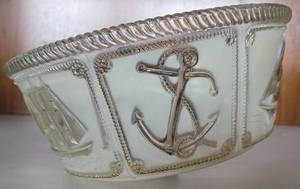 lot 128 image:  RARE FIND UNIQUE VINTAGE 1930s MARITIMENAUTICAL THEMED GLASS CEILING LIGHT FIXTURE WITH SAILBOATS, LIGHTHOUSES, AND ANCHORS AS SHOWN. MUST SEE