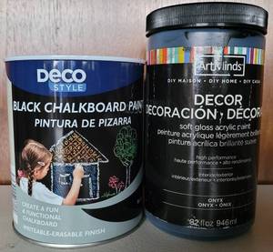 lot 134 image: UNOPENED DECO STYLE BLACK CHALKBOARD PAINT CAN PLUS SOFT GLOSS ACRYLIC PAINT AS SHOWN.