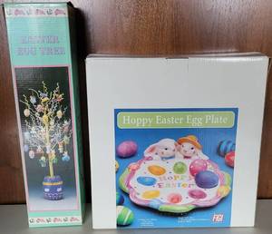 lot 135 image: DECORATIVE EASTER EGG PLATTER AND EGG TREE IN BOXES AS SHOWN.
