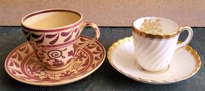 lot 199 image: LOT OF 2 VINTAGE TEACUP AND SAUCER SETS INCLUDING WEDGWOOD ETRURIA ENGLAND A7416 AND MINTONS GOLD ROSE H4680 ENGLAND AS SHOWN. (SOLD 2X THE MONEY)