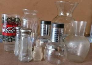 lot 206 image: VINTAGE COCA-COLA GLASS, VASES, SHAKERS, AND MORE AS SHOWN.