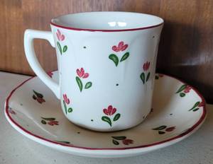 lot 227 image: JOHNSON BROTHERS IRONSTONE TEA CUP AND SAUCER SET AS SHOWN. MADE IN ENGLAND.