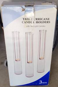 lot 252 image: SET OF 3 TALL HURRICANE CANDLE HOLDERS IN BOX AS SHOWN.
