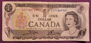lot 281 image: 1973 CANADIAN ONE DOLLAR BILL AS SHOWN.