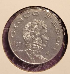 lot 288 image: 1977 MEXICAN 5 PESOS COIN AS SHOWN.