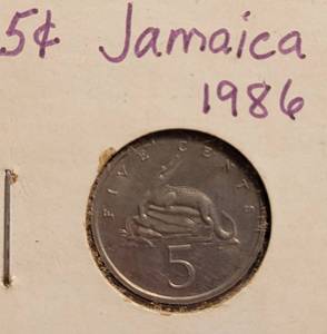 lot 292 image: 1986 JAMAICA 5 CENTS COIN AS SHOWN.