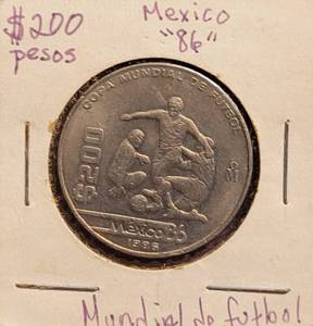 lot 298 image: 1986 MEXICAN 200 PESOS WORLD CUP COIN AS SHOWN.