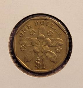 lot 303 image: 1989 SINGAPORE 1 DOLLAR COIN AS SHOWN.