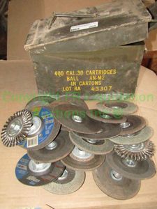 lot 265 image: Military ammo cannister and assorted grinding wheels