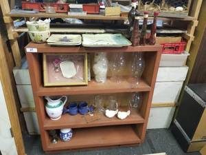 lot 67 image: Wood shelf unit with contents