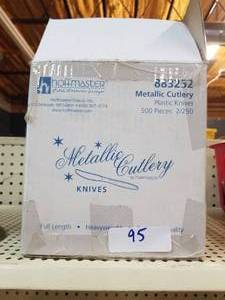lot 95 image: Box of Metallic Cutlery plastic knives