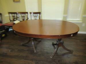 lot 1 image: VINTAGE REGENCY STYLE RWAY NORTHERN FURNITURE COMPANY MAOGANY DINING TABLE WITH DOUBLE PEDISTAL  LEGS, ORNATE FEET AND LEAF 64 X 42 X 30 ALSO HAS A PROTECTIVE COVER